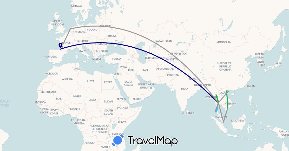 TravelMap itinerary: driving, bus, plane, train, boat in France, Netherlands, Singapore, Thailand, Vietnam (Asia, Europe)